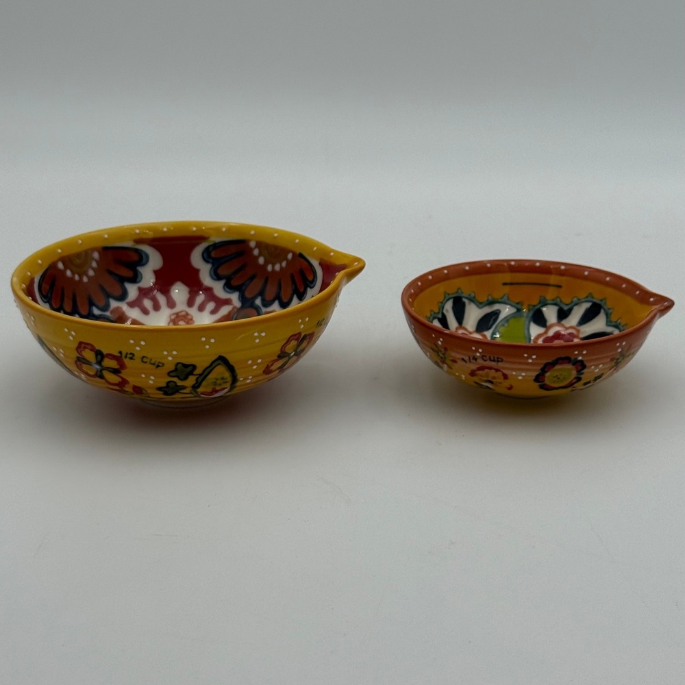 Ceramic Floral Hand Painted Measuring Bowls Set of 2 Yellow Orange 1/2 & 1/4 Cup